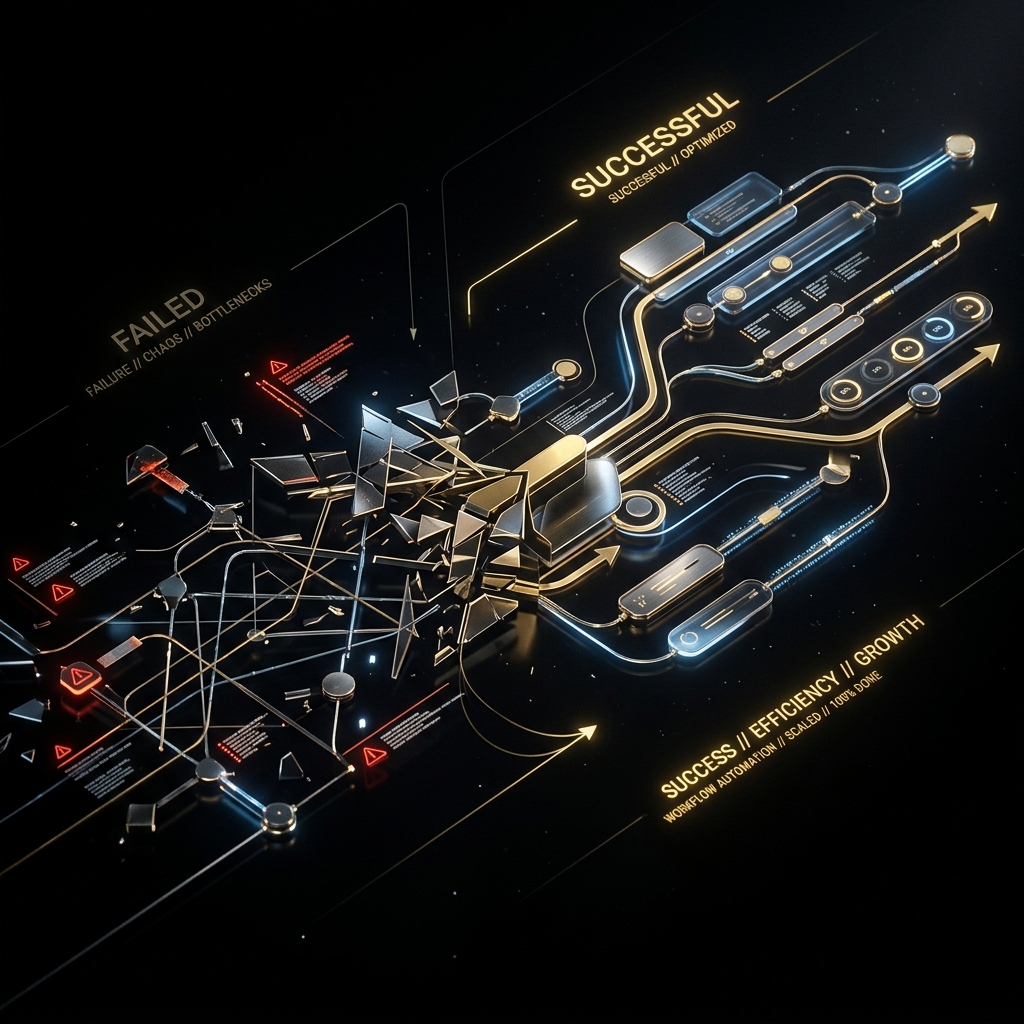 Abstract visualization of a failed redesign workflow compared to a successful one
